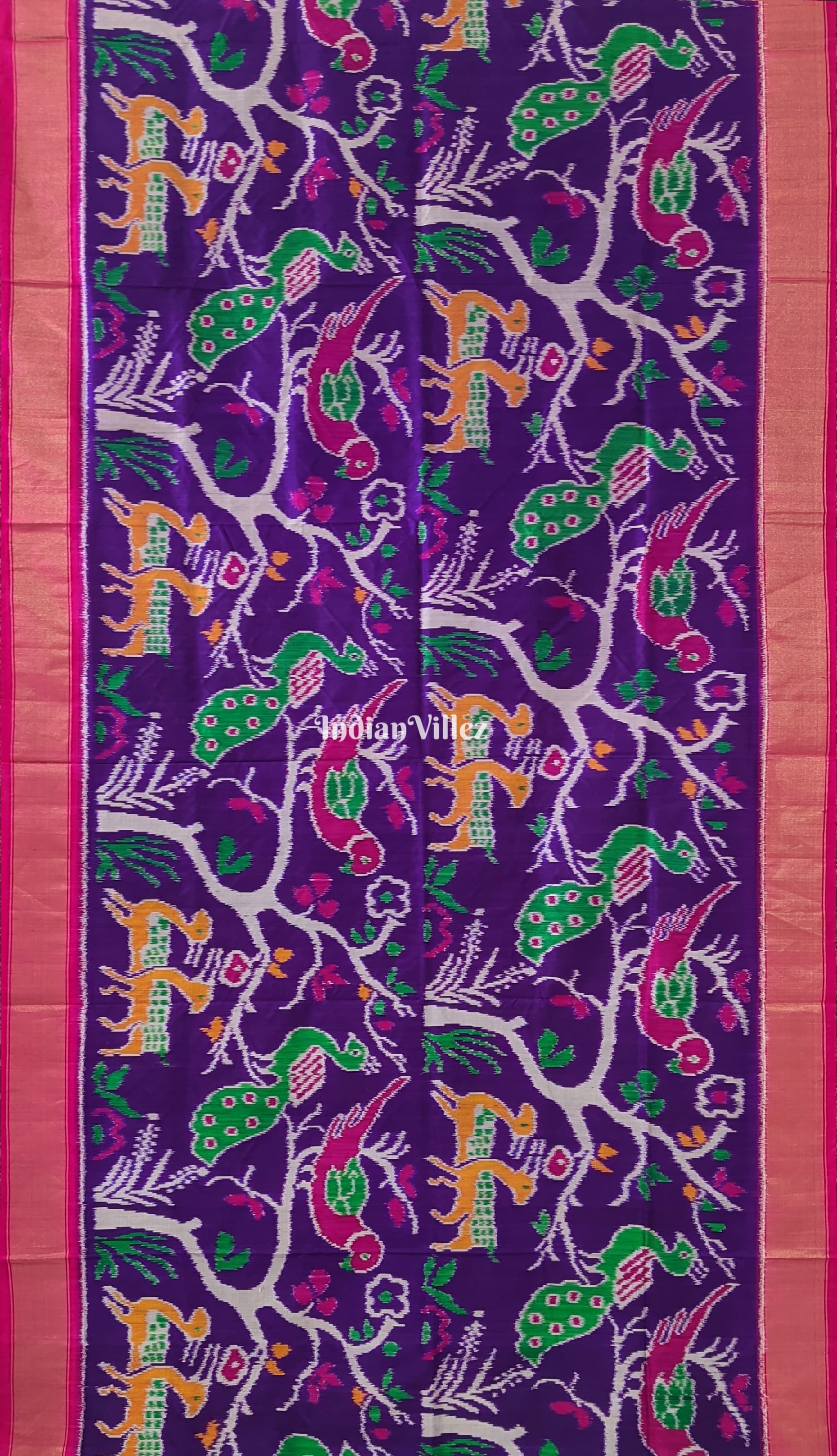 Violet Color With Forest Theme Pochampally Ikat Silk Saree