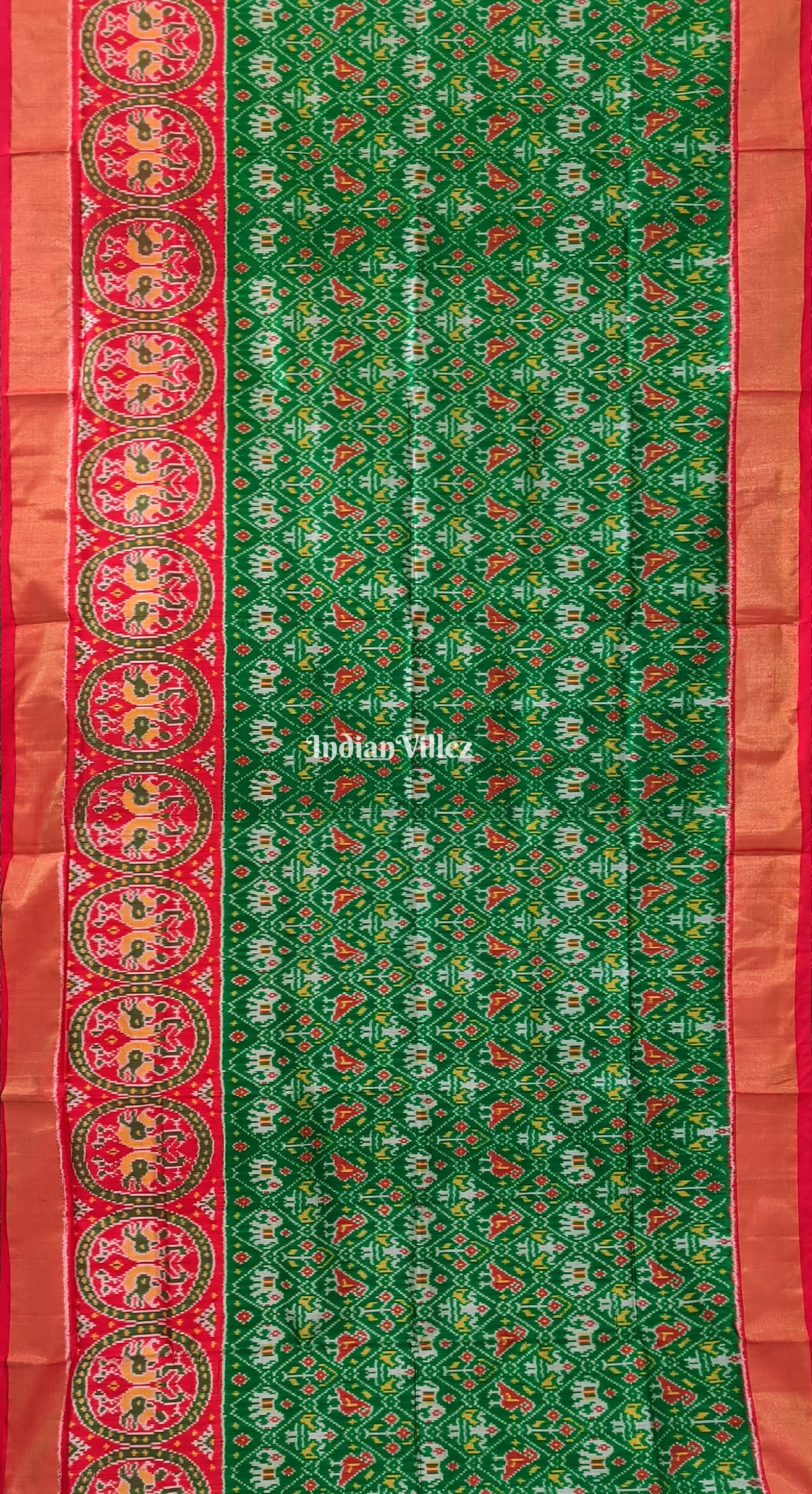 Red Green Elephant Design Pochampally Ikat Silk Saree