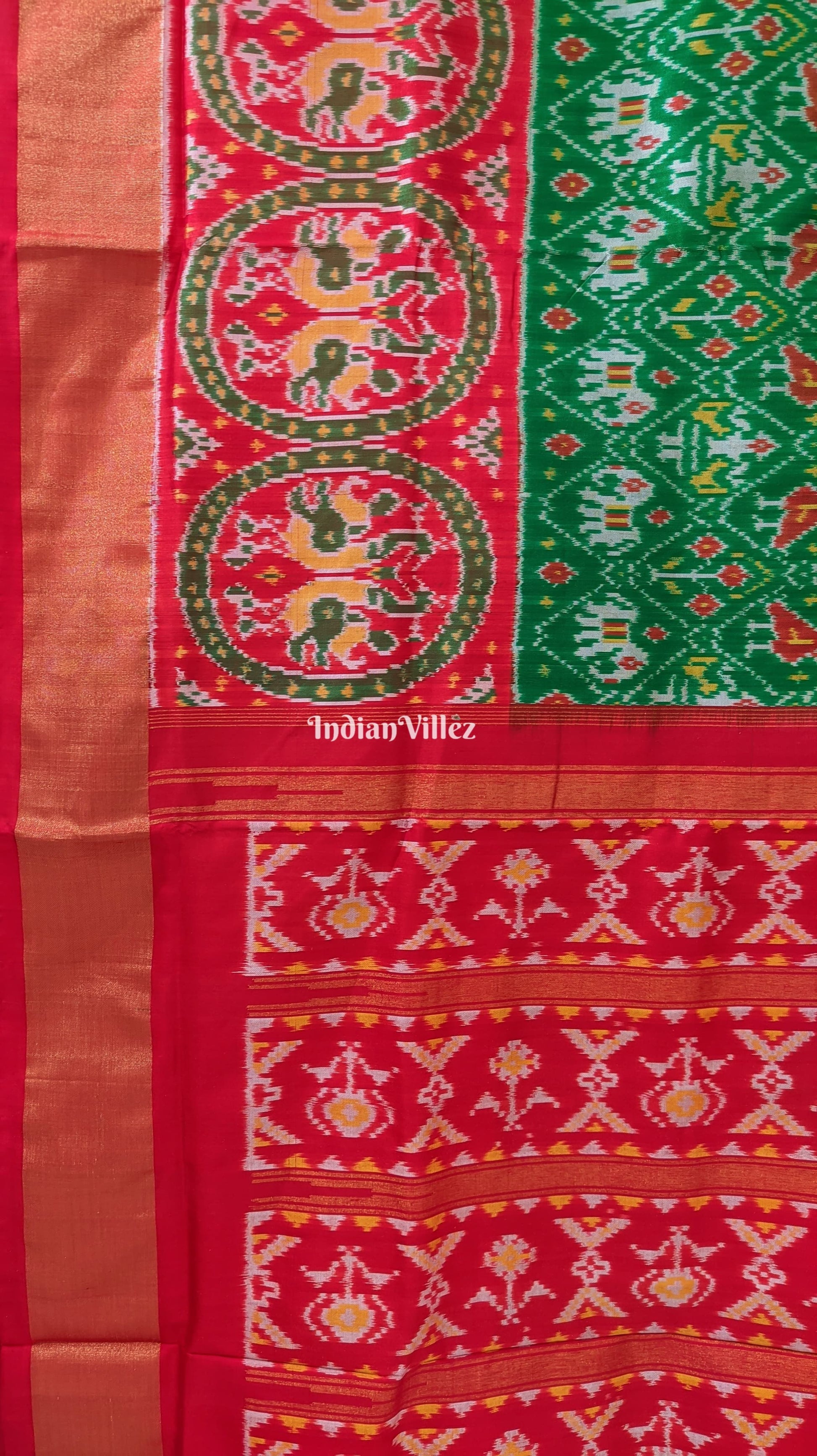 Red Green Elephant Design Pochampally Ikat Silk Saree