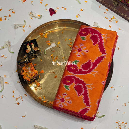 Orange Red Parrot theme Pochampally Ikat Silk Saree