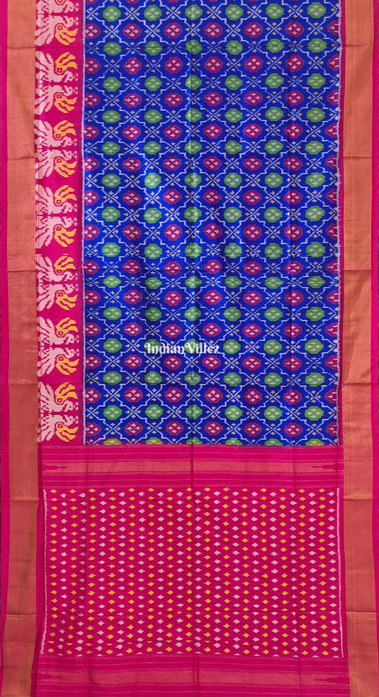 Blue Colour With Pink Anchal Pochampally Ikat Silk Saree