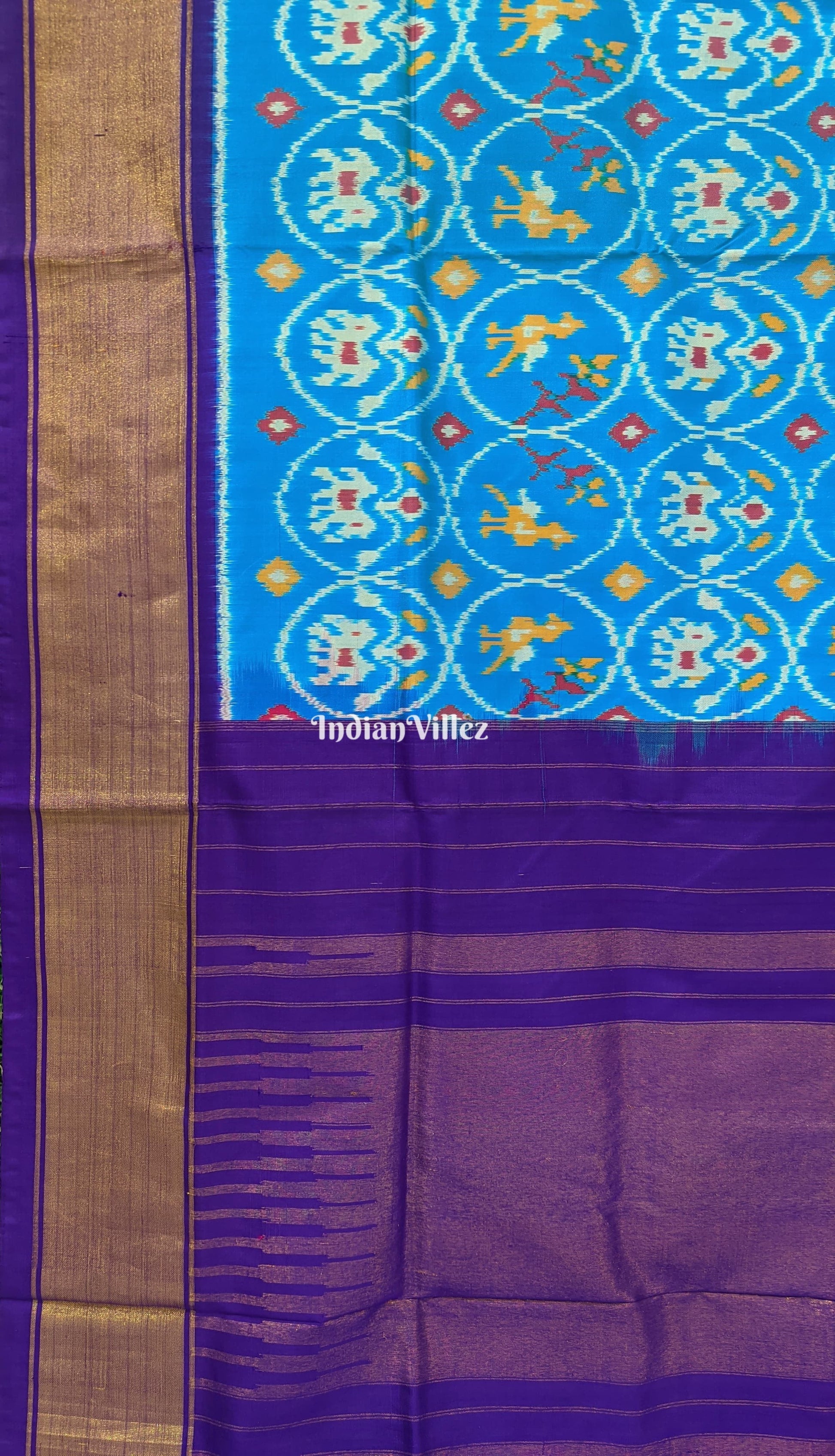 Sky Blue With Elephant Theam Pochampally Ikat Silk Saree