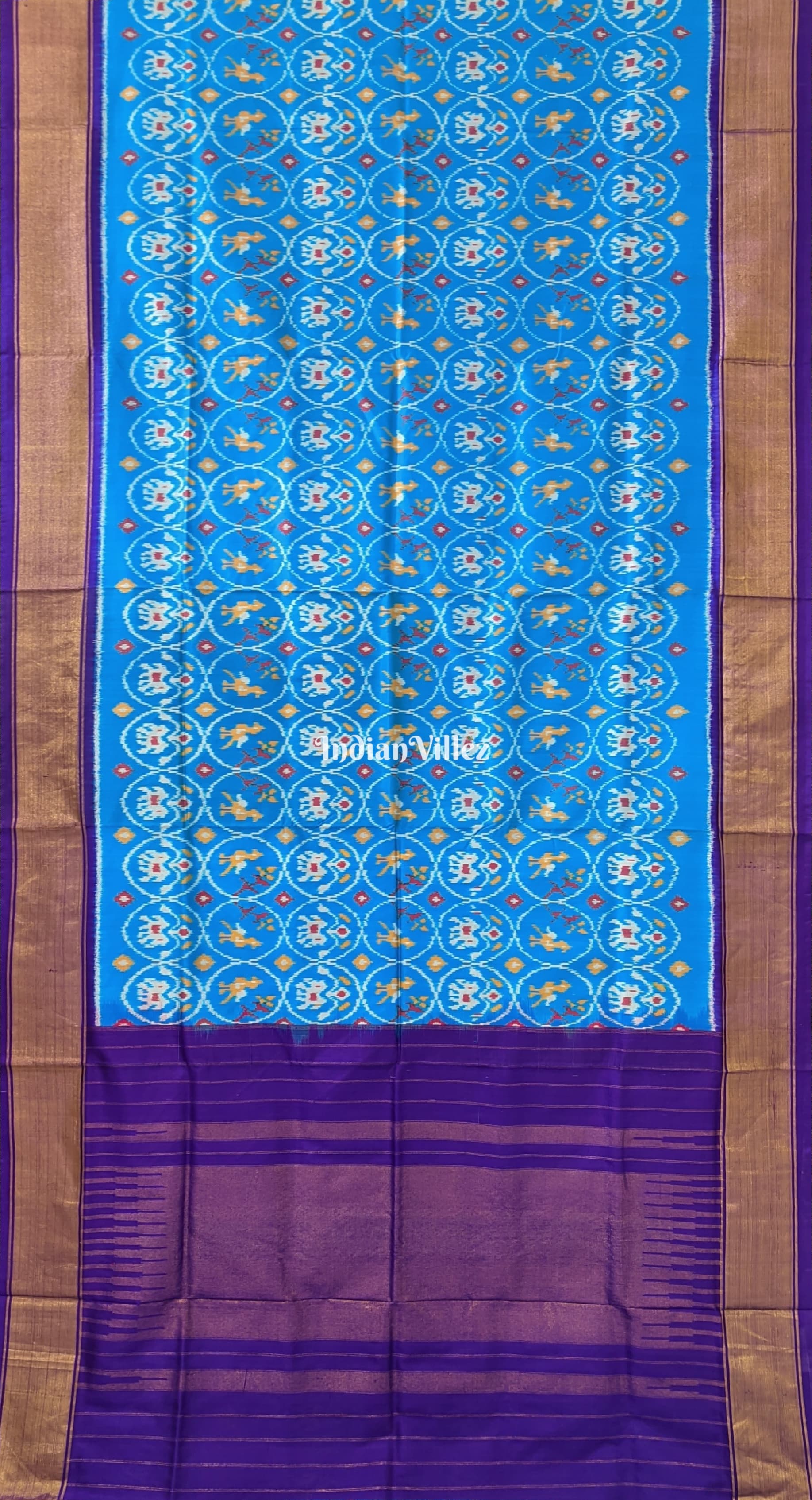 Sky Blue With Elephant Theam Pochampally Ikat Silk Saree