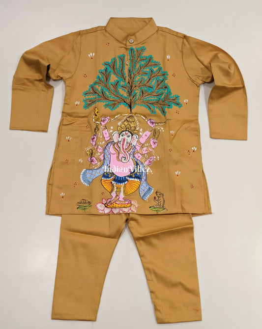 Saffron Yellow  Boys Ganesh Theme Pattachitra Kids Kurta & Pyjama Set