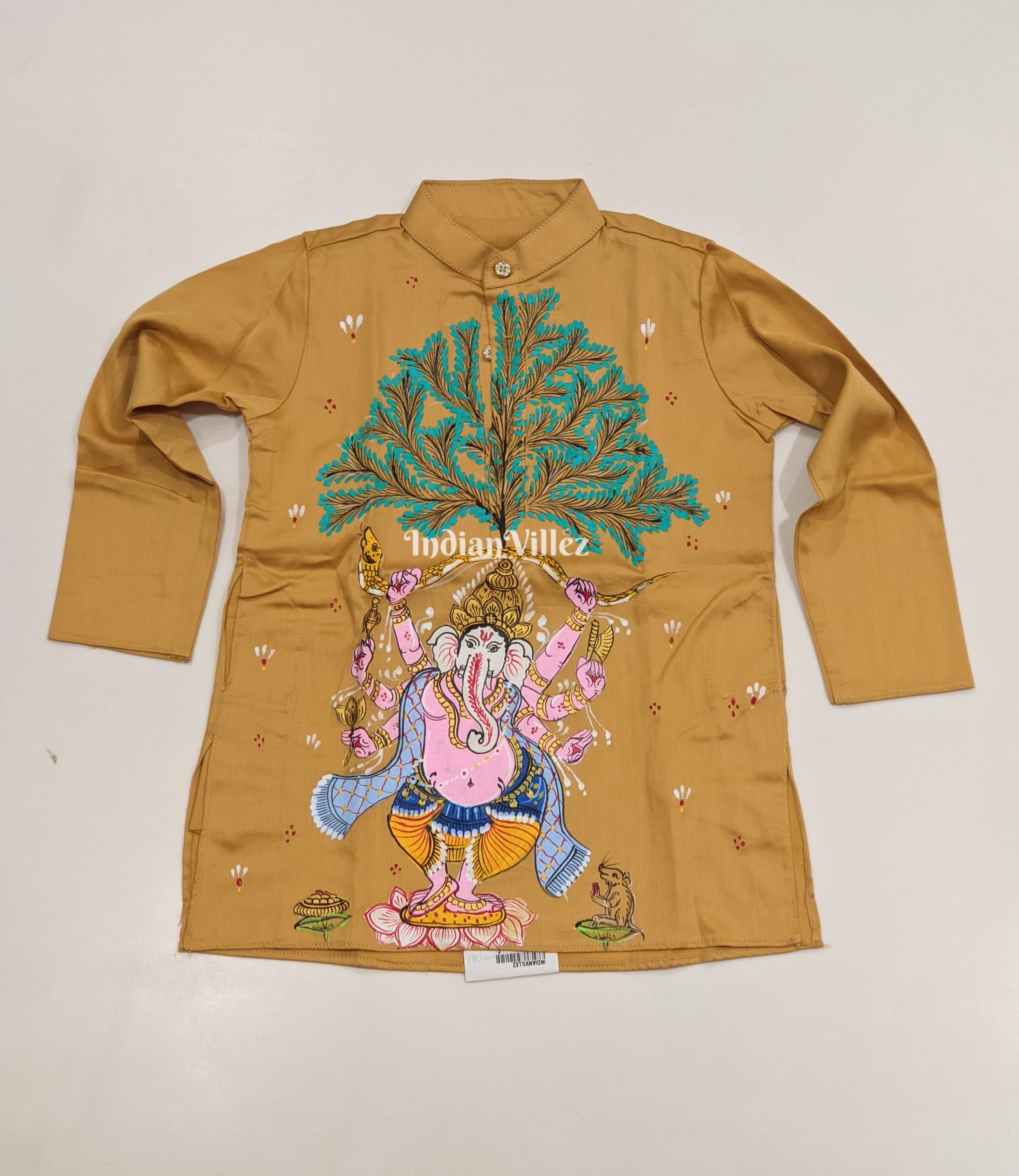 Saffron Yellow  Boys Ganesh Theme Hand-Painted Pattachitra Kurta & Pyjama Set