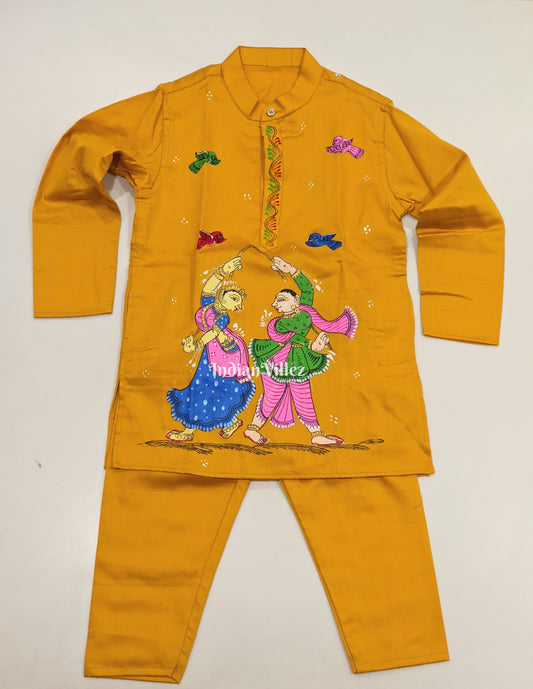 Yellow  Boys Nartaki Theme Pattachitra Kids Kurta & Pyjama Set