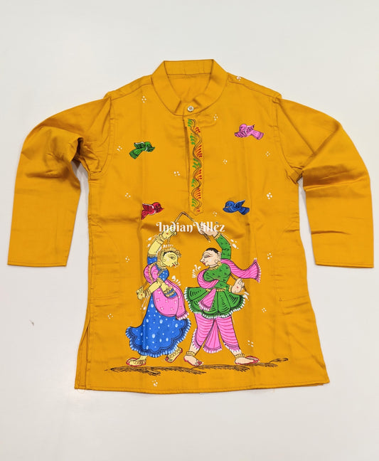 Yellow  Boys Nartaki Theme Pattachitra Kids Kurta & Pyjama Set