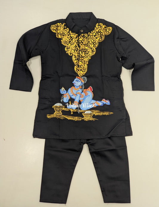 Black Boys Krishna Theme Pattachitra Kids Kurta & Pyjama Set