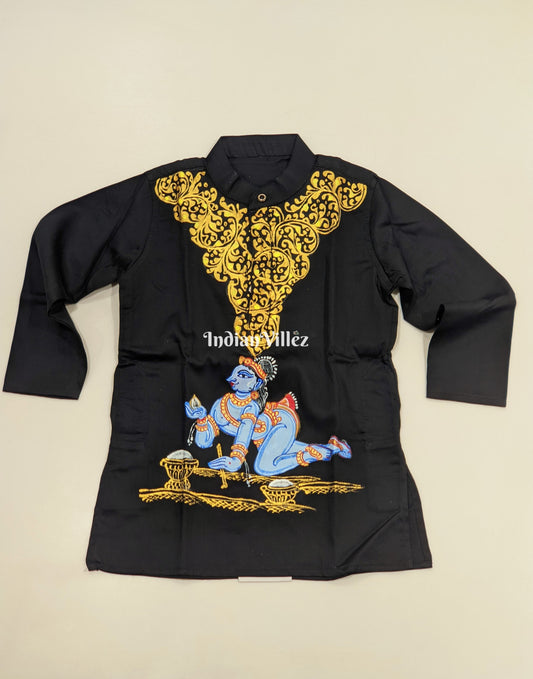 Black Boys Krishna Theme Pattachitra Kids Kurta & Pyjama Set