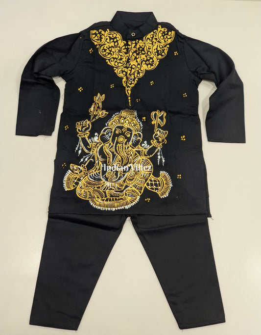 Black Boys Ganesh Theme Pattachitra Kids Kurta & Pyjama Set