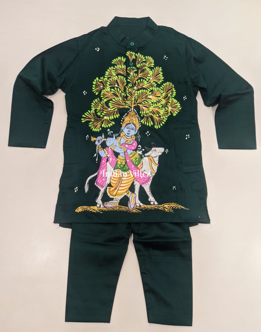 Green Boys Krishna in Venugopal Theme Pattachitra Kids Kurta & Pyjama Set