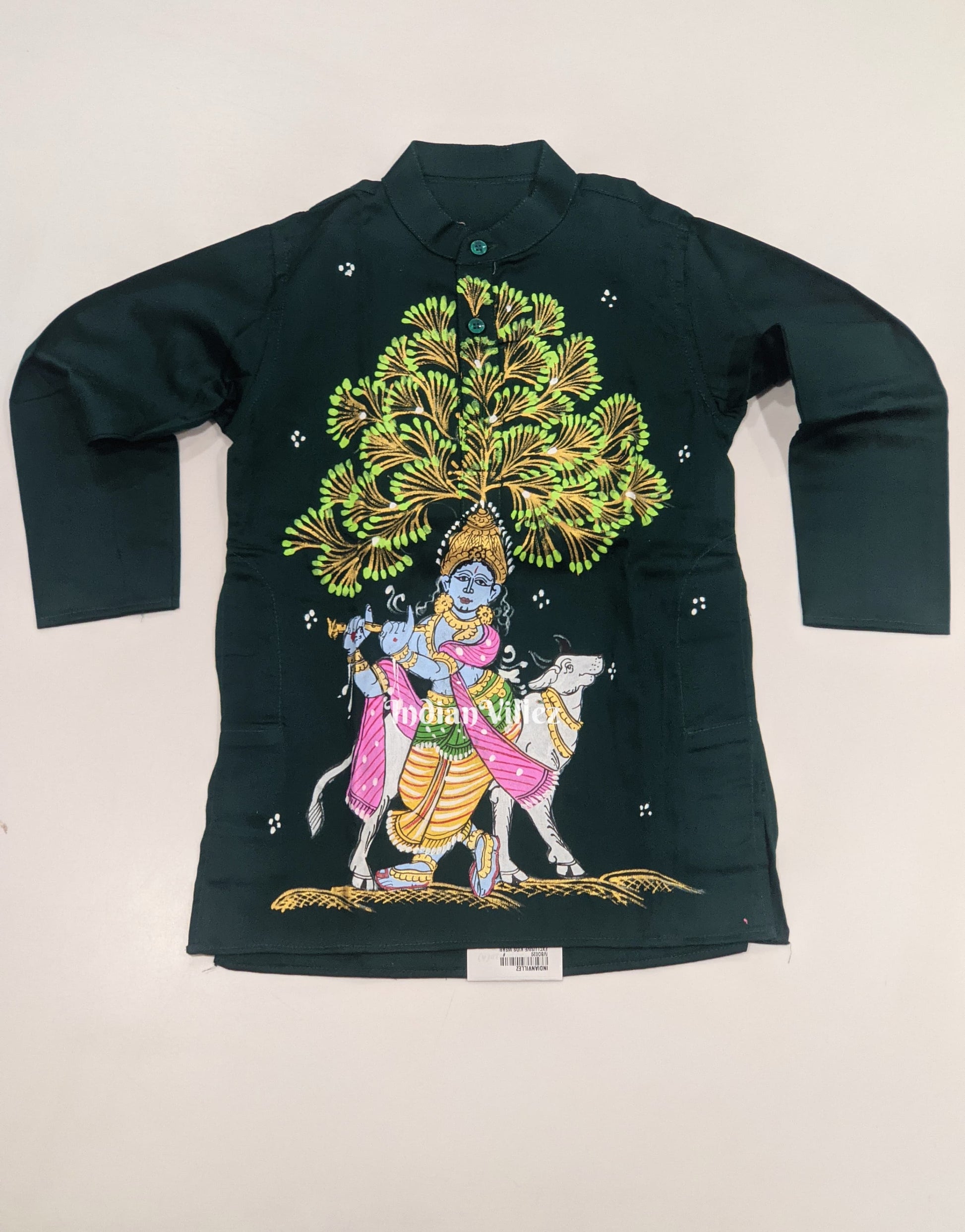 Hunter Green Boys Krishna in Venugopal Theme Hand-Painted Pattachitra Kurta & Pyjama Set