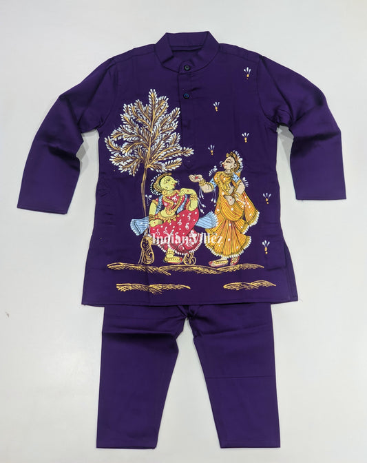 Dark Purple Boys Nartaki Theme Pattachitra Kids Kurta & Pyjama Set