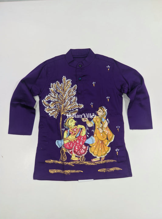 Dark Purple Boys Nartaki Theme Pattachitra Kids Kurta & Pyjama Set