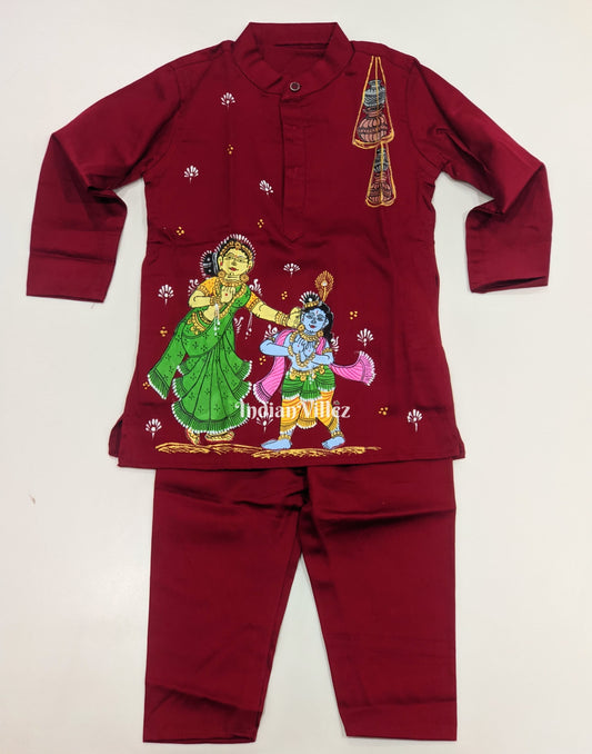 Maroon Boys Krishna Yashoda Theme Pattachitra Kids Kurta & Pyjama Set