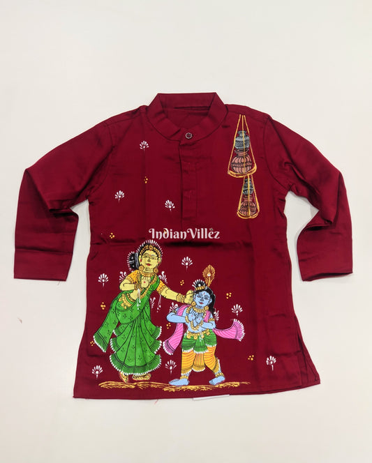 Maroon Boys Krishna Yashoda Theme Pattachitra Kids Kurta & Pyjama Set