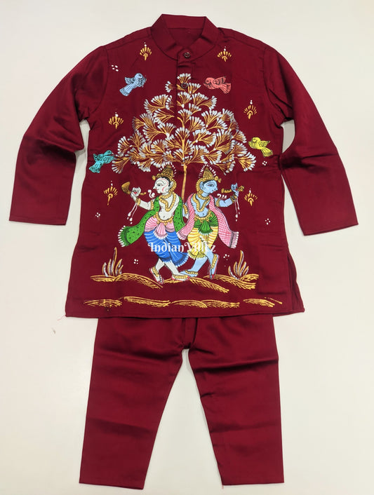 Cherry Red Boys Nartaki Theme Pattachitra Kids Kurta & Pyjama Set