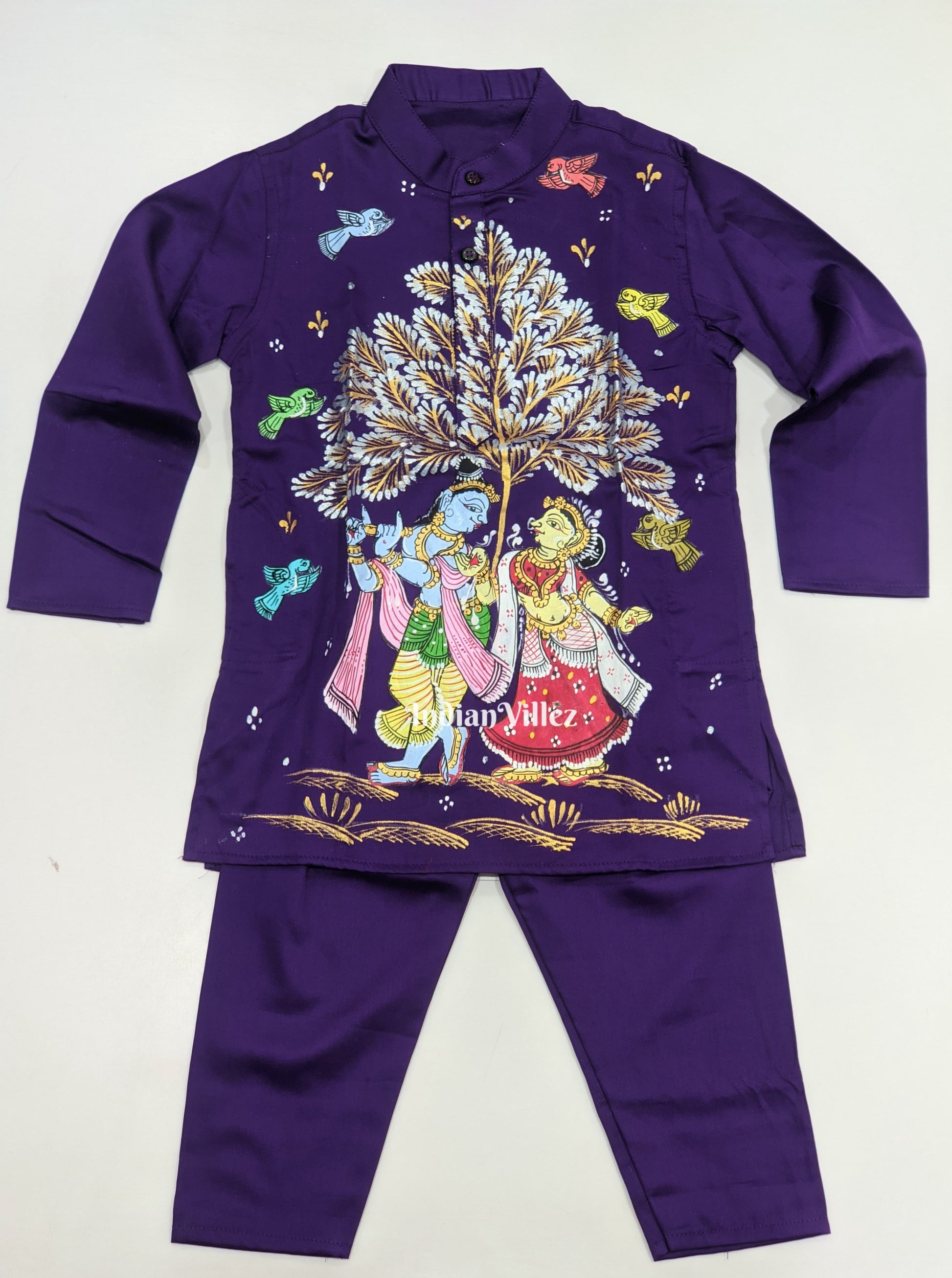 Dark Purple Boys Radha Krishna Theme Pattachitra Kids Kurta & Pyjama Set