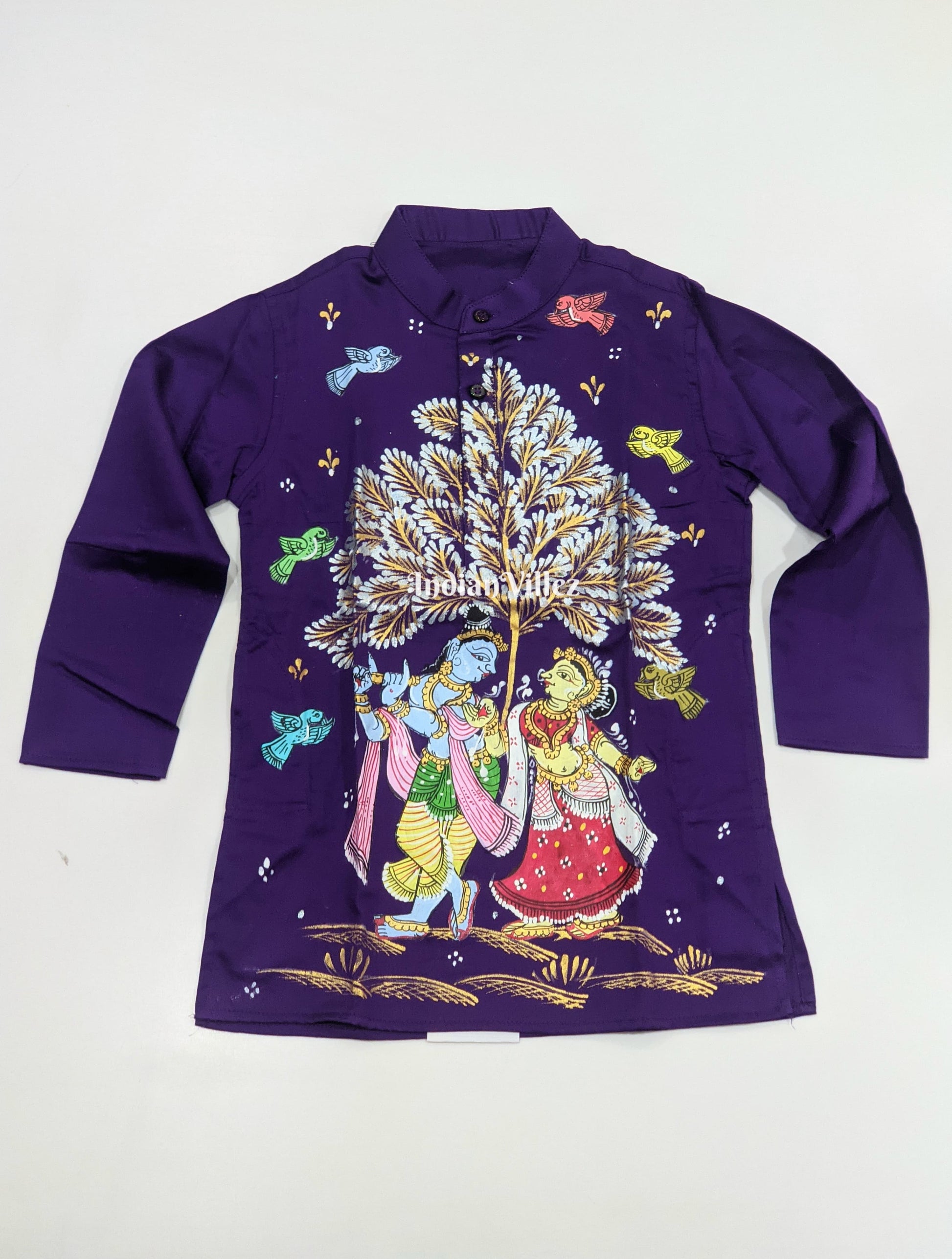 Dark Purple Boys Radha Krishna Theme Pattachitra Kids Kurta & Pyjama Set