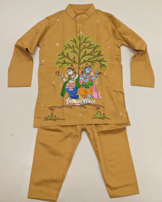 Saffron Yellow  Boys Nartaki Theme Pattachitra Kids Kurta & Pyjama Set