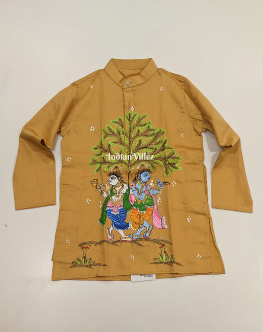 Saffron Yellow  Boys Nartaki Theme Pattachitra Kids Kurta & Pyjama Set