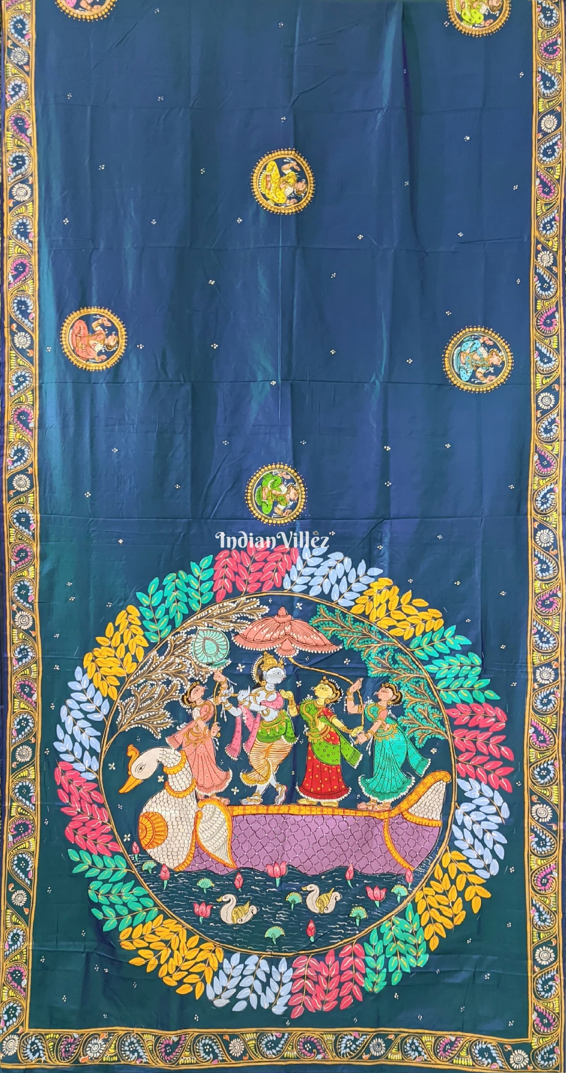 Peacock Blue Radha Krishna Boita Rasa Pattachitra Saree