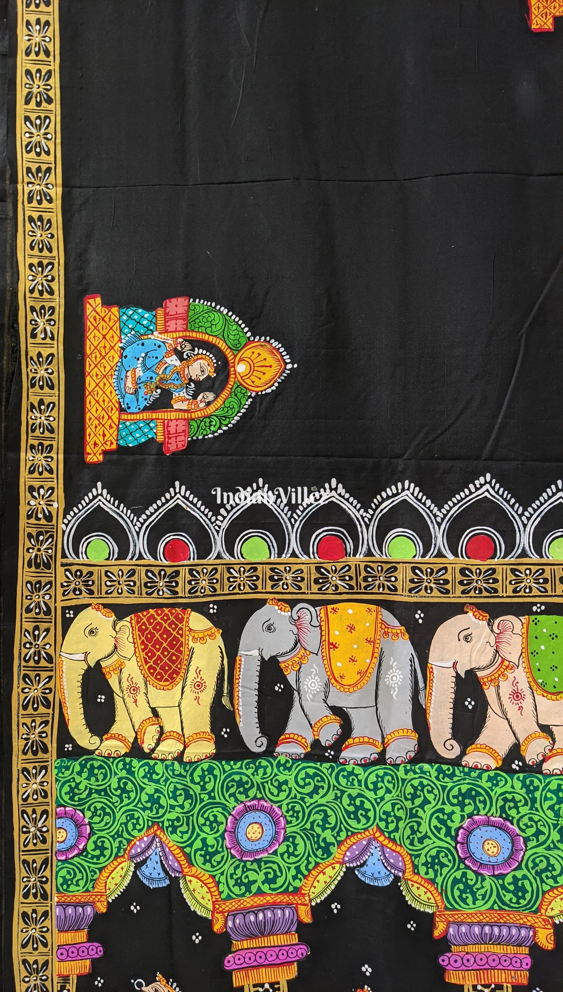 Black Black Elephant & Shringar Ras Pattachitra Silk Saree