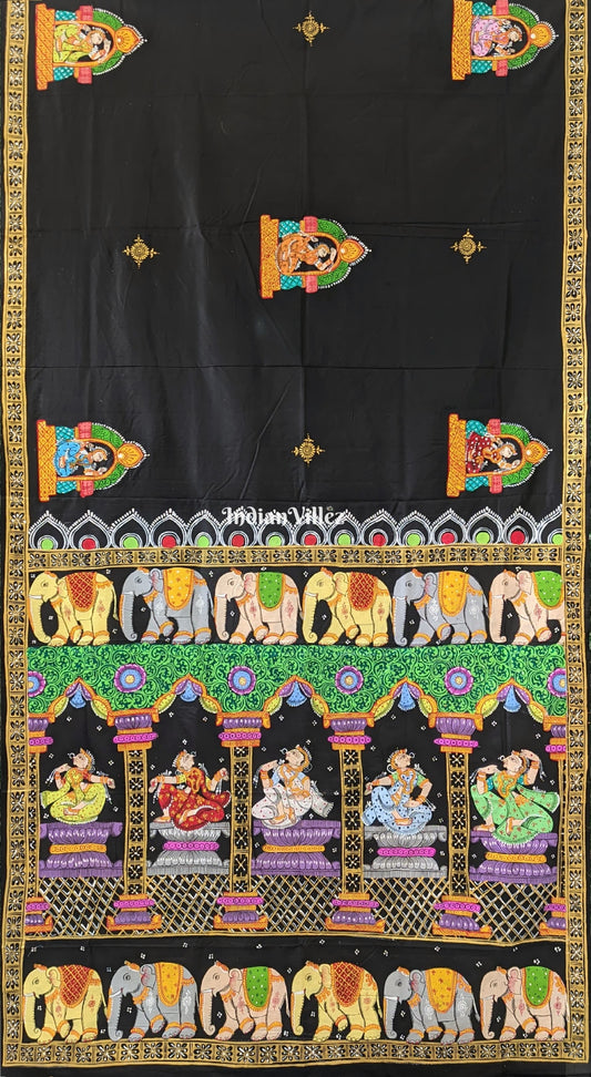 Black Black Elephant & Shringar Ras Pattachitra Silk Saree