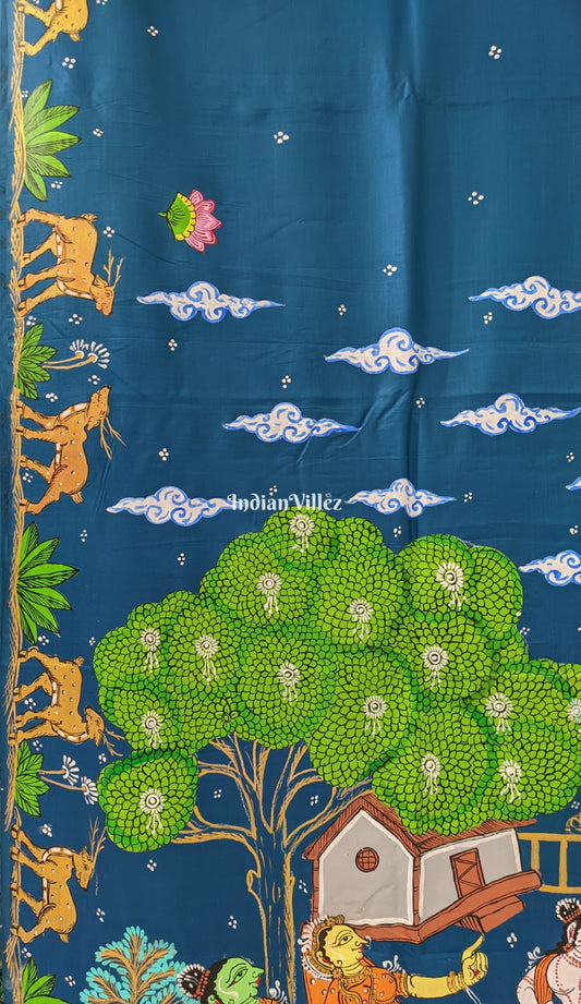 Sky Blue Ramayana Theme Pattachitra Silk Saree