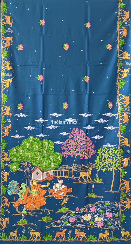 Sky Blue Ramayana Theme Pattachitra Silk Saree