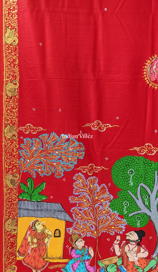 Red Ramayana Theme Pattachitra Silk Saree