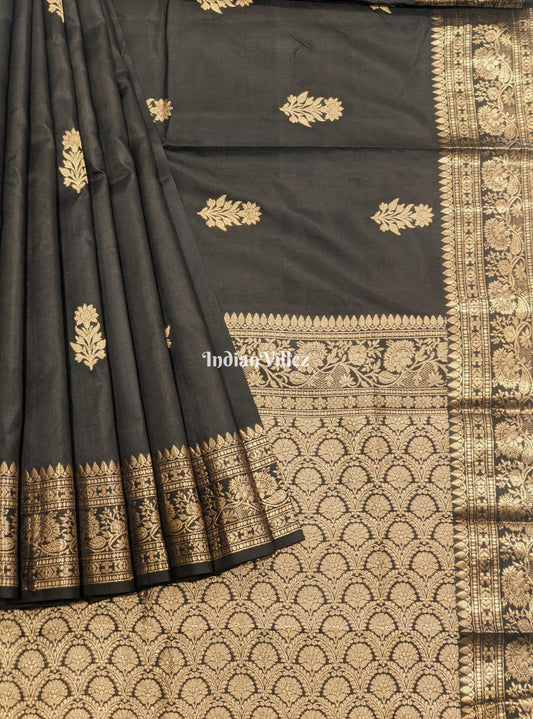 Black Banarasi Katan Saree with Golden Sunflower Design  Work