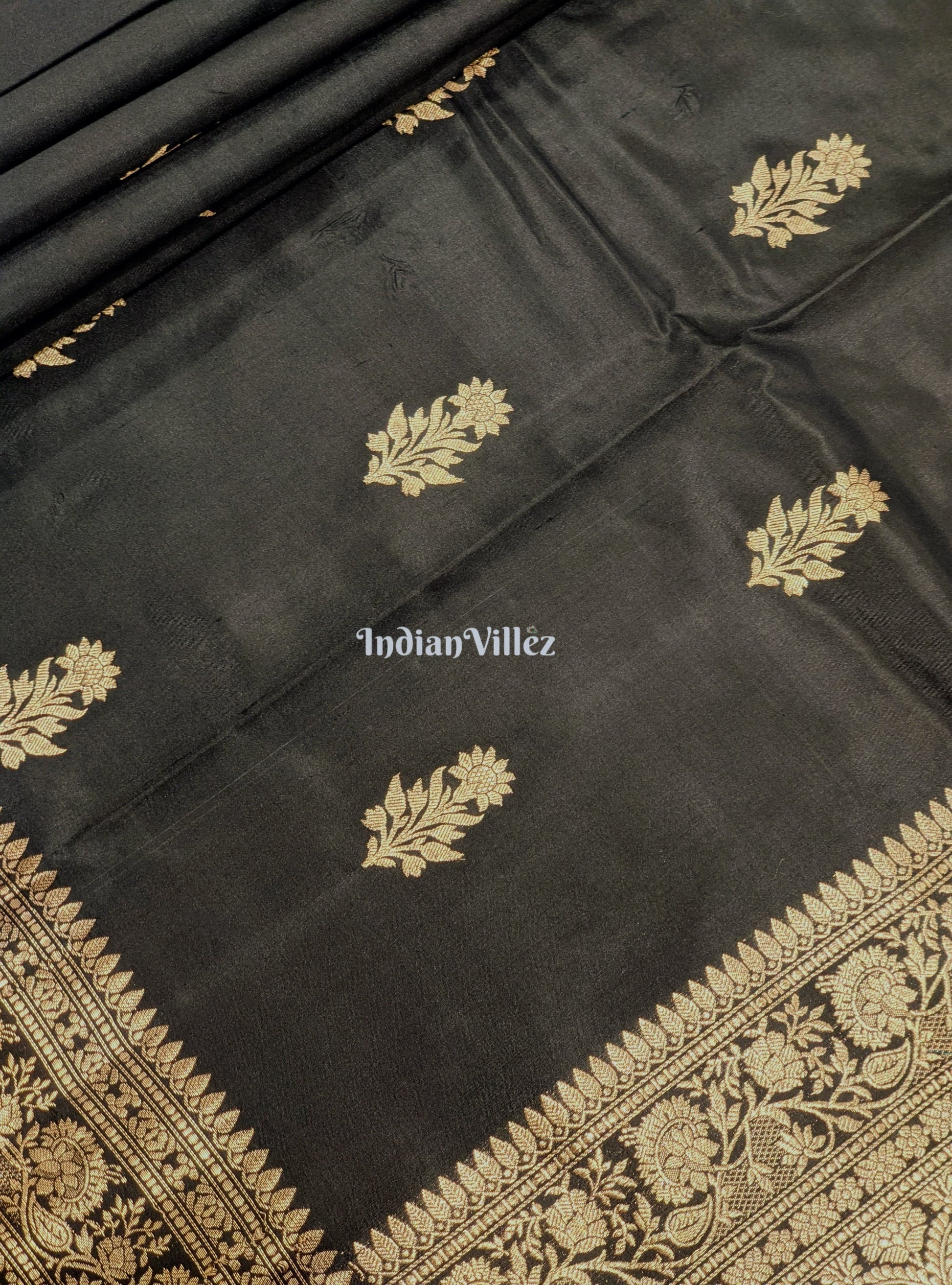 Black Banarasi Katan Saree with Golden Sunflower Design  Work