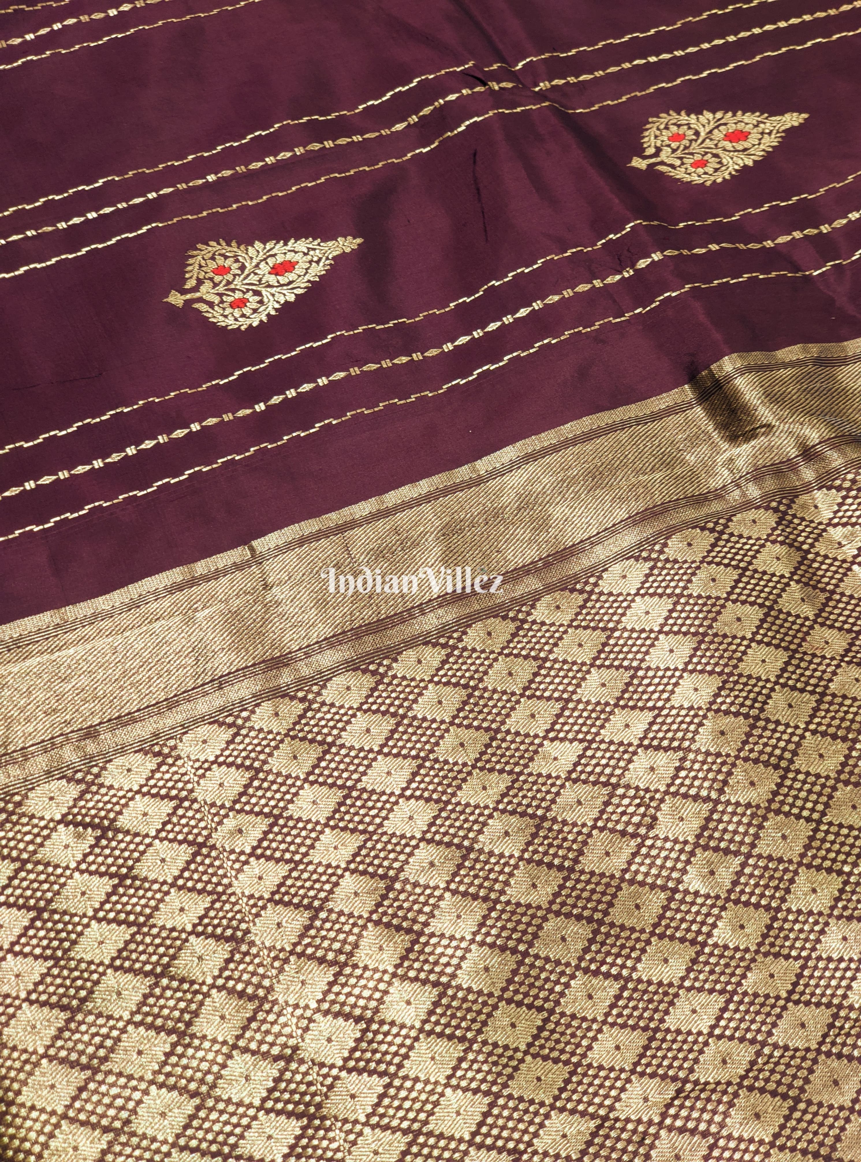 Wine Banarasi Katan Saree with Golden Flower Design  Work