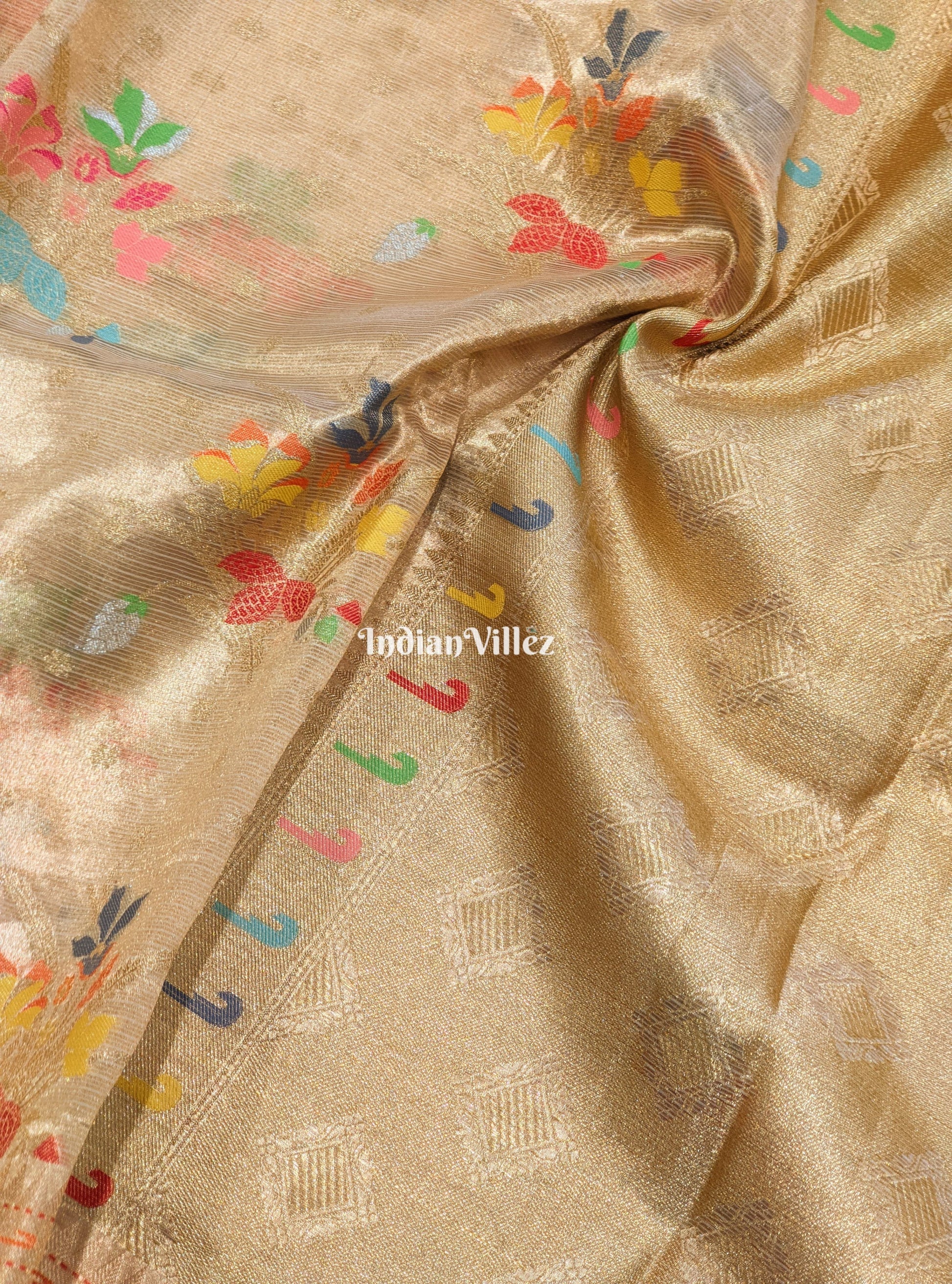 Golden Floral Design Zari Woven  Banarasi Tissue Saree