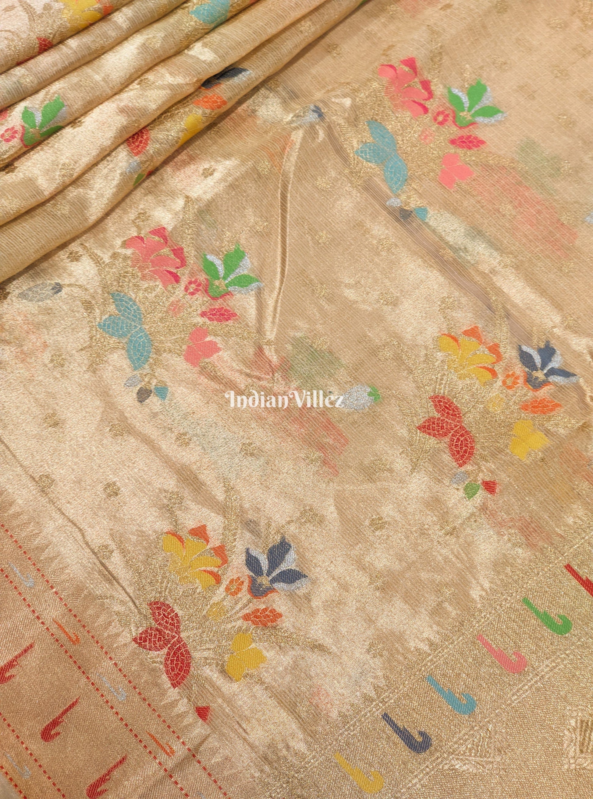 Golden Floral Design Zari Woven  Banarasi Tissue Saree