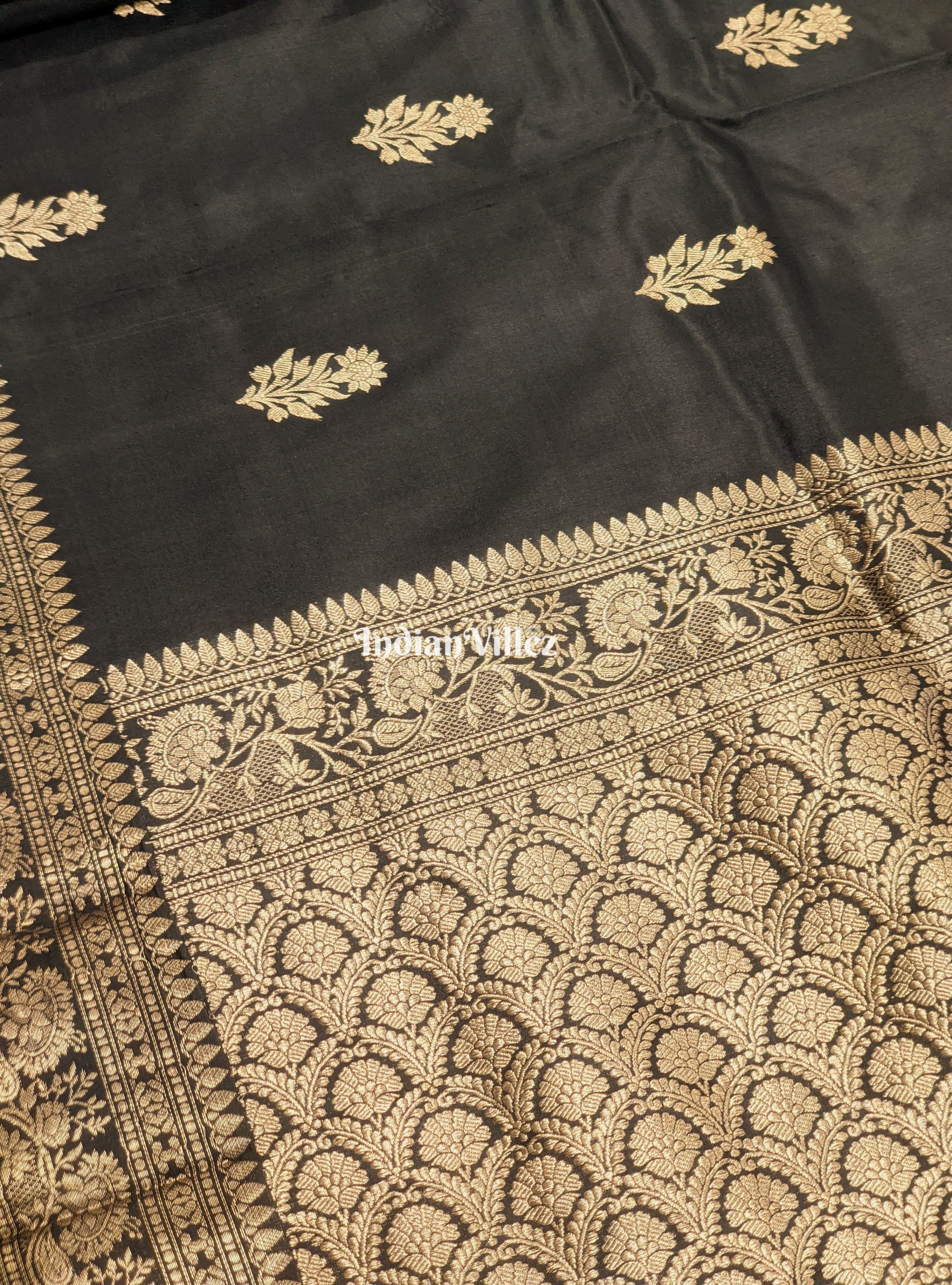 Black Banarasi Katan Saree with Golden Sunflower Design  Work