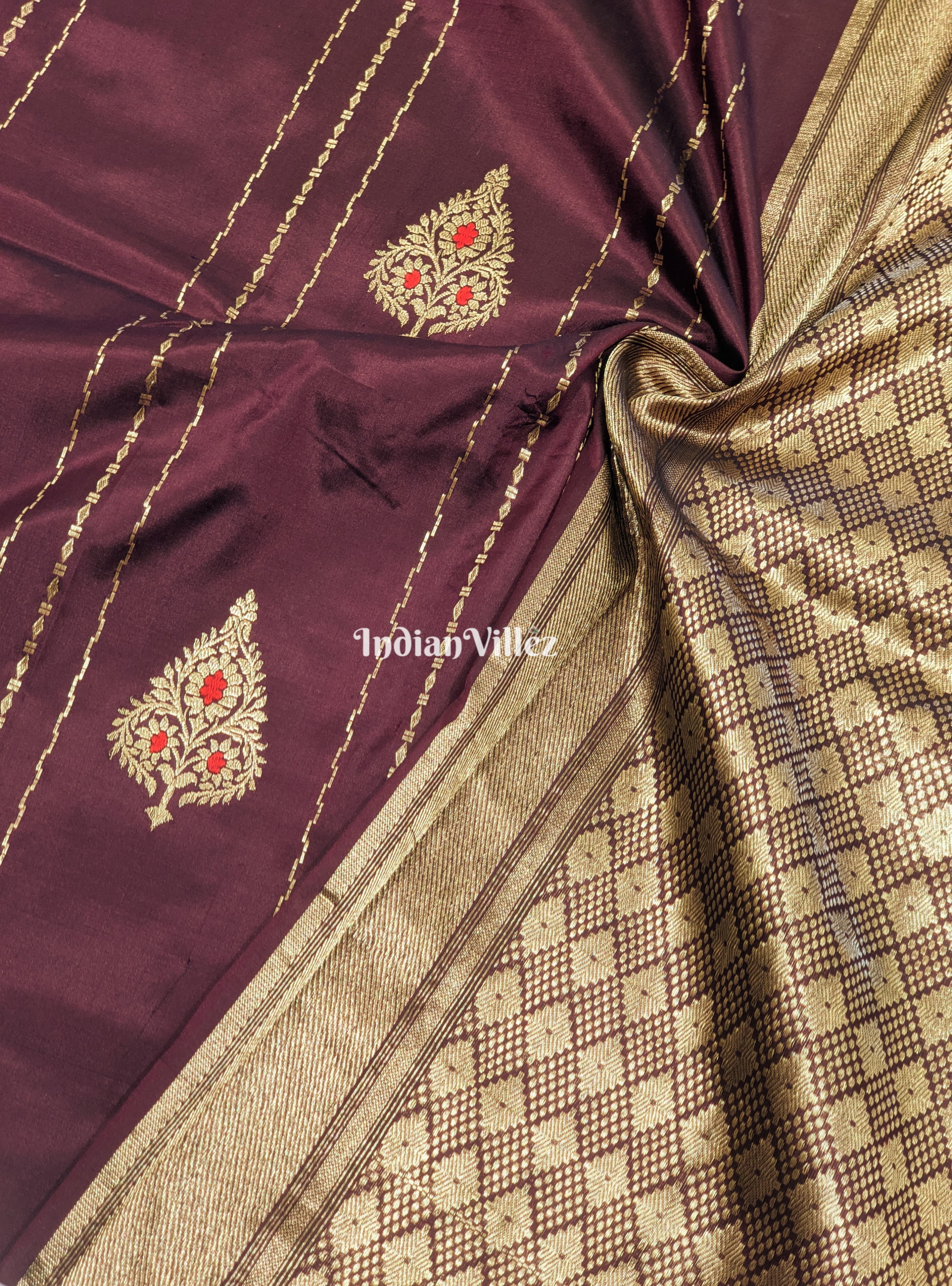 Wine Banarasi Katan Saree with Golden Flower Design  Work