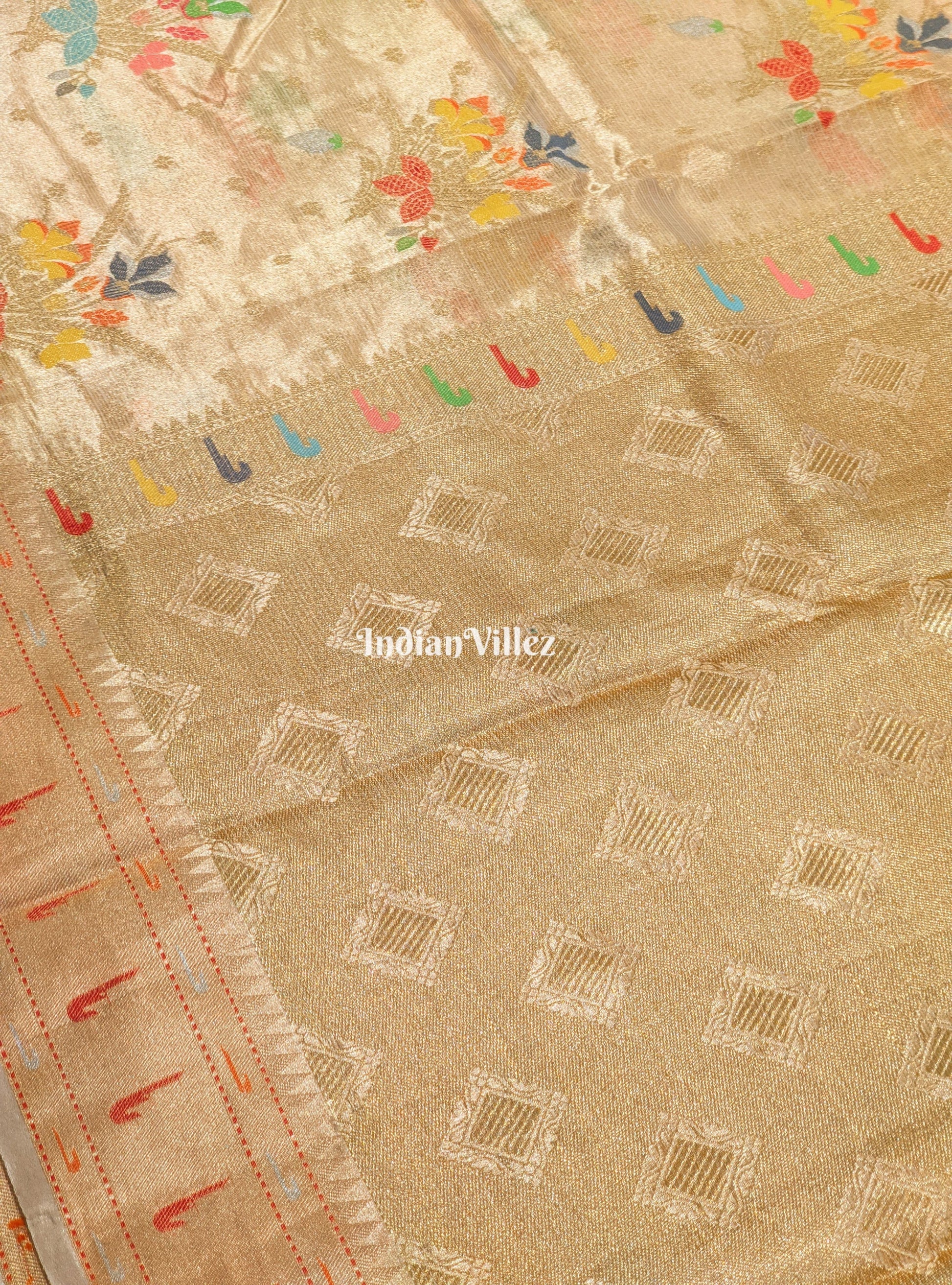 Golden Floral Design Zari Woven  Banarasi Tissue Saree