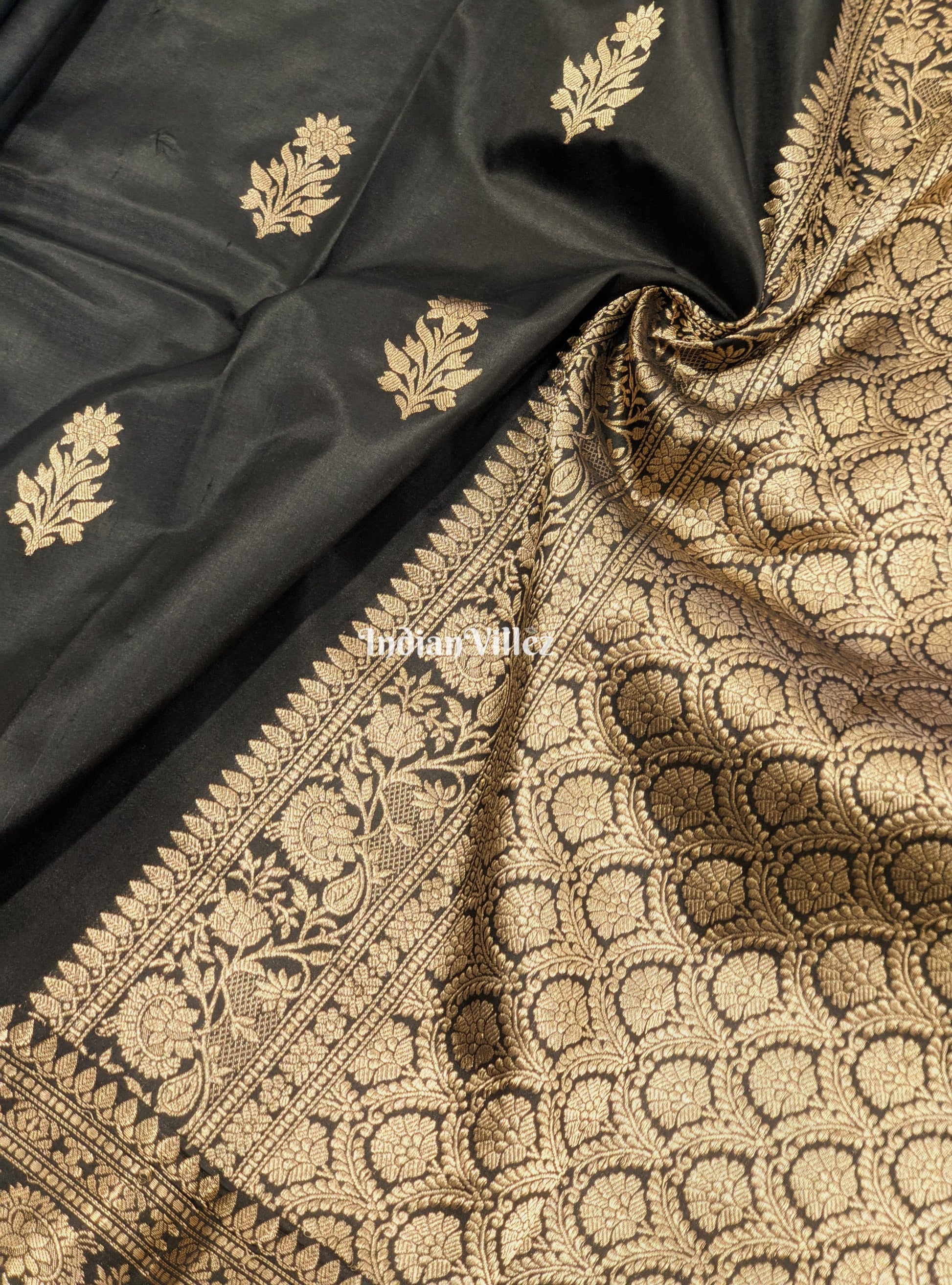 Black Banarasi Katan Saree with Golden Sunflower Design  Work