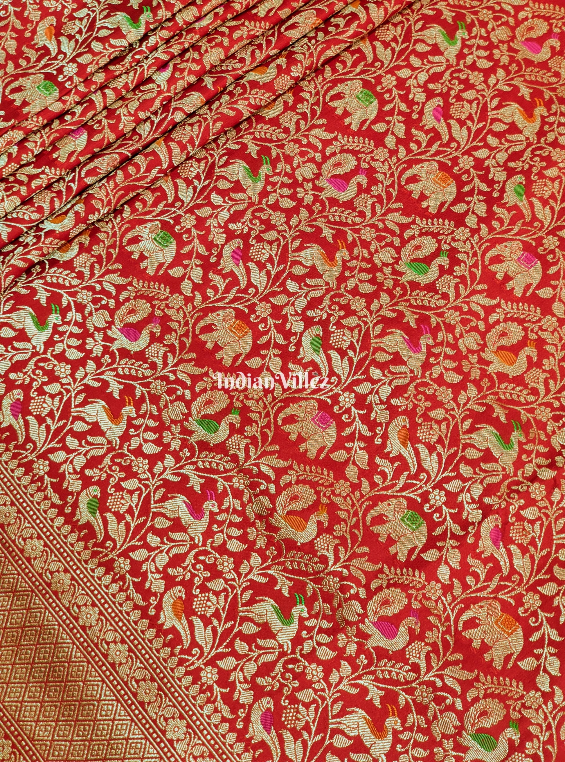 Red Banarasi Katan Saree with Golden Traditional Shikargah