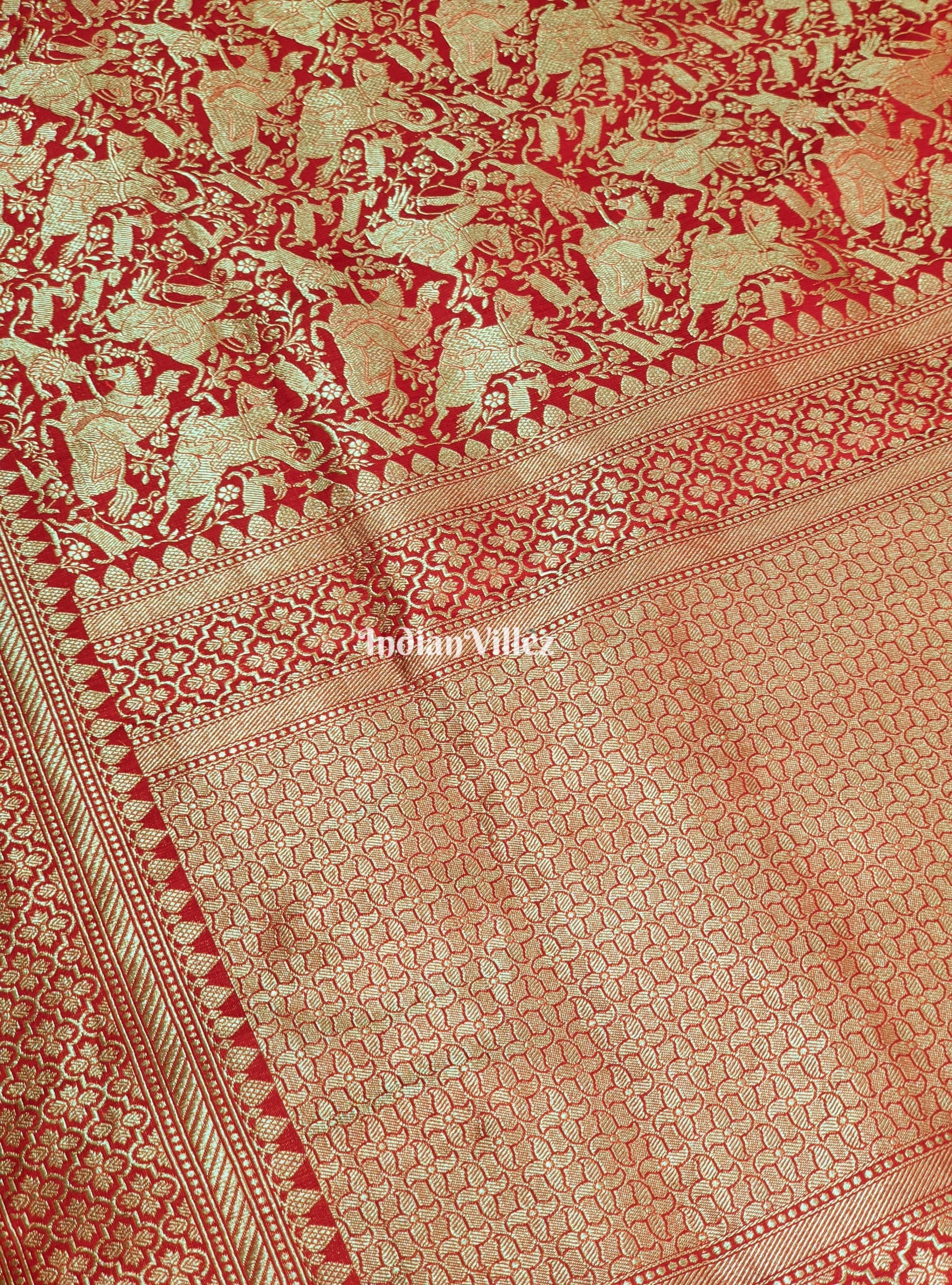 Red Banarasi Katan Saree with Golden Traditional Shikargah