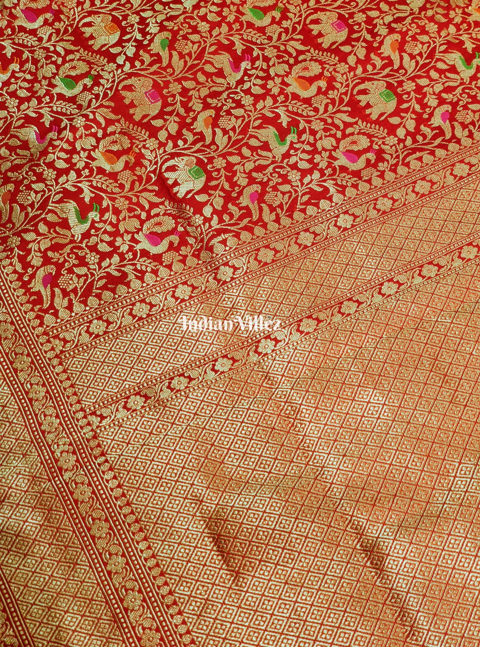 Red Banarasi Katan Saree with Golden Traditional Shikargah