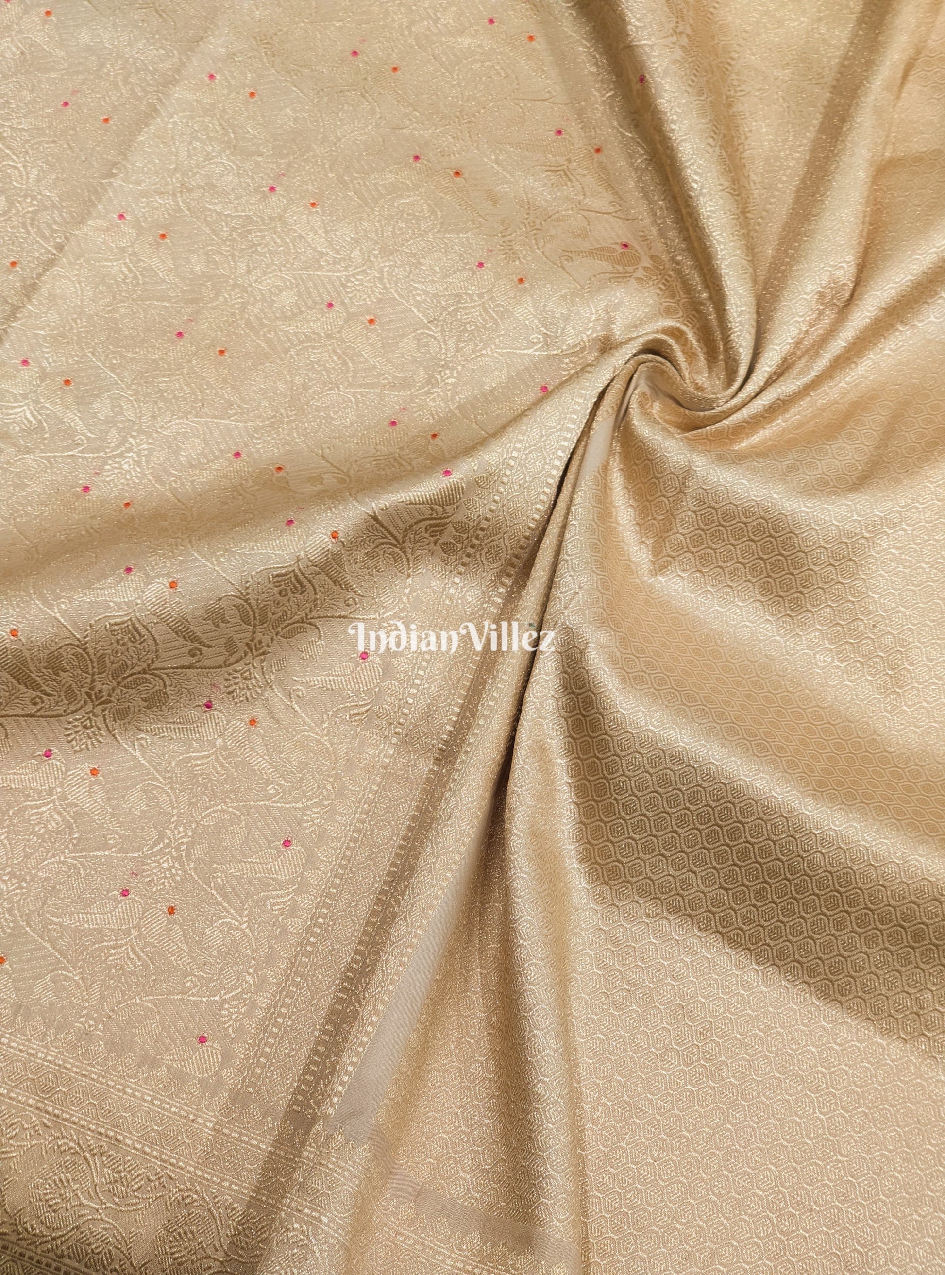 Off white Banarasi Katan Saree with Golden Design Motif