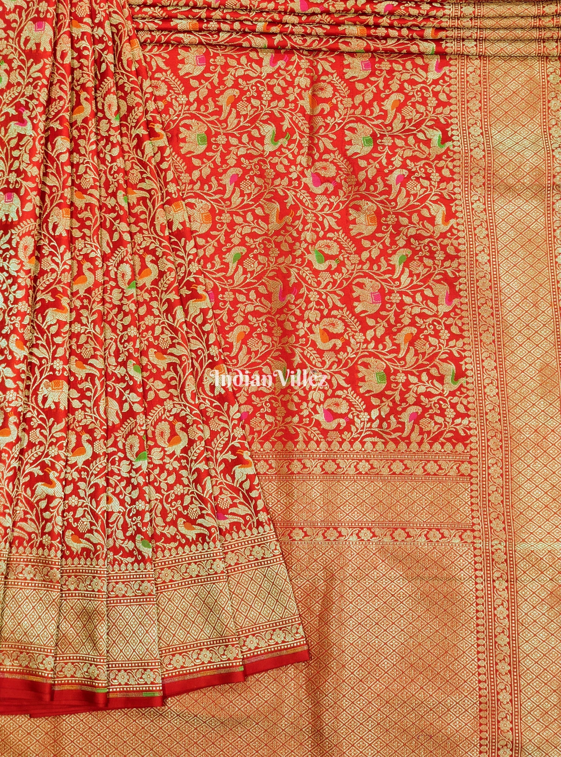 Red Banarasi Katan Saree with Golden Traditional Shikargah