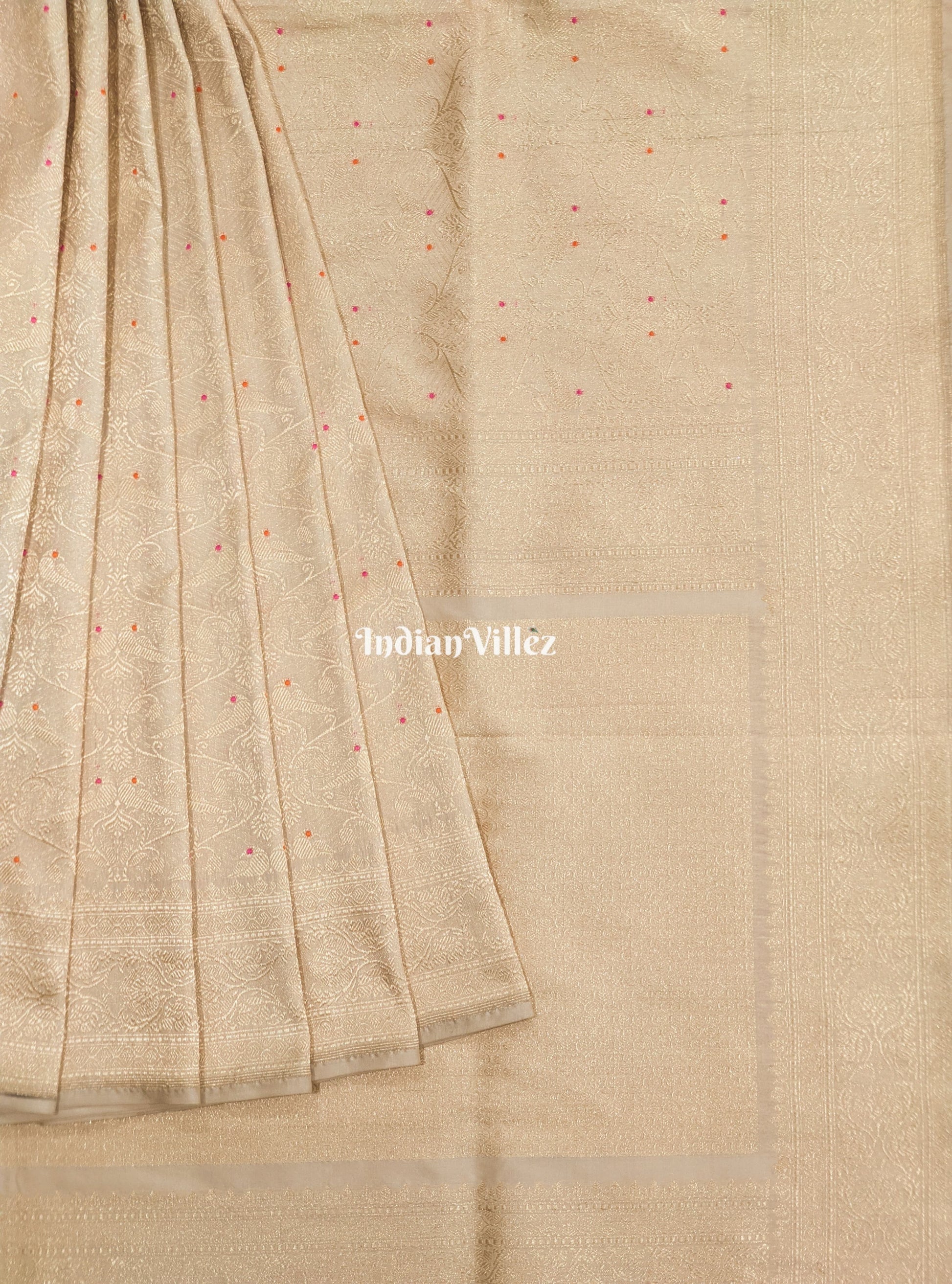 Off white Banarasi Katan Saree with Golden Design Motif