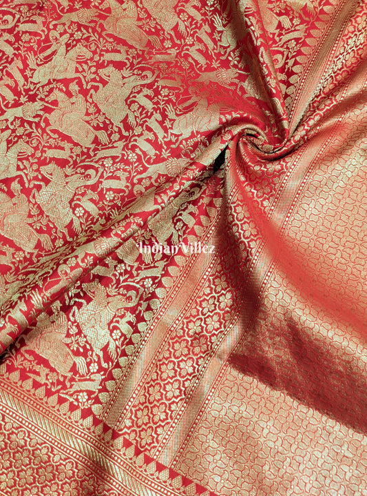 Red Banarasi Katan Saree with Golden Traditional Shikargah