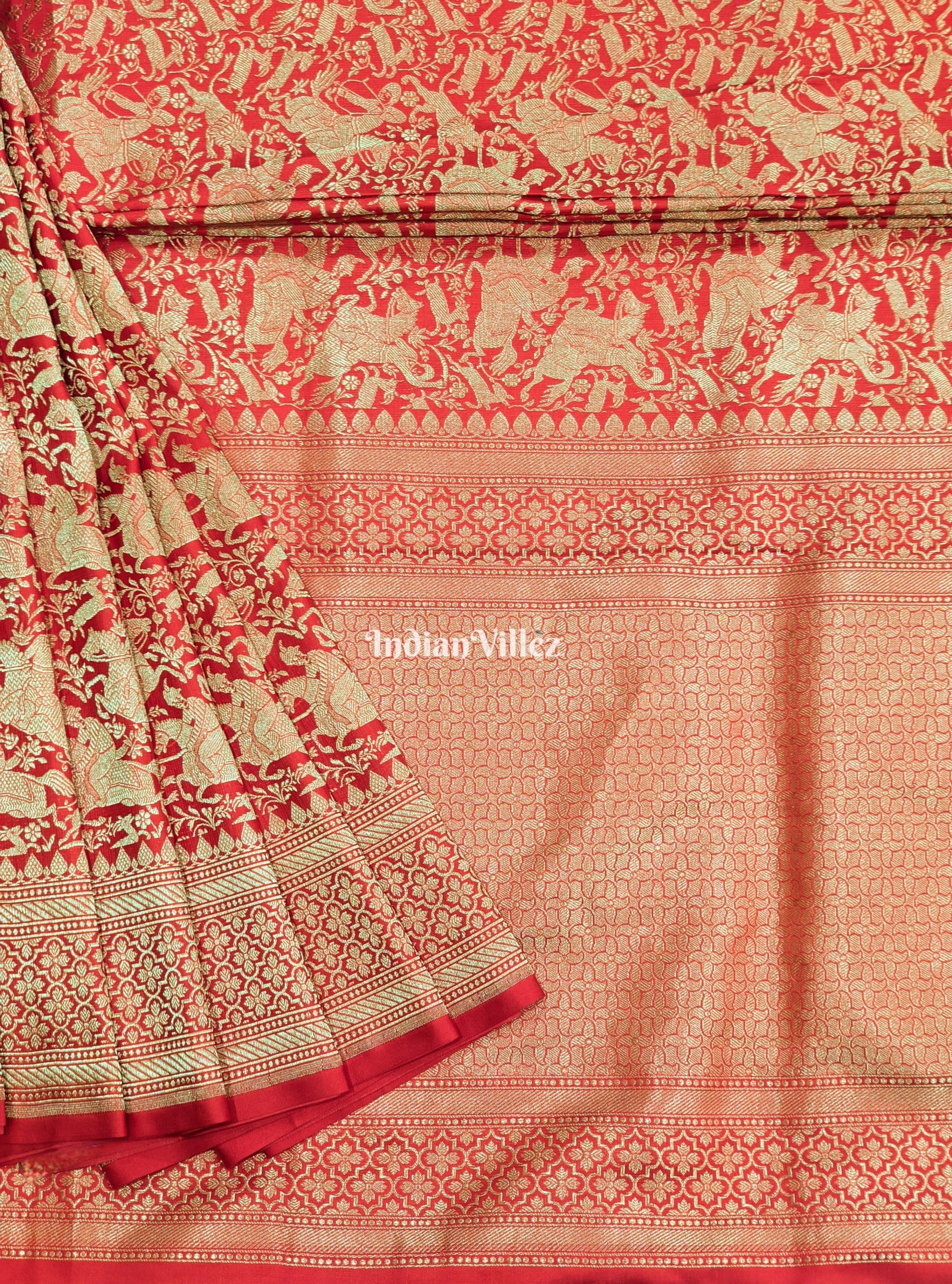 Red Banarasi Katan Saree with Golden Traditional Shikargah