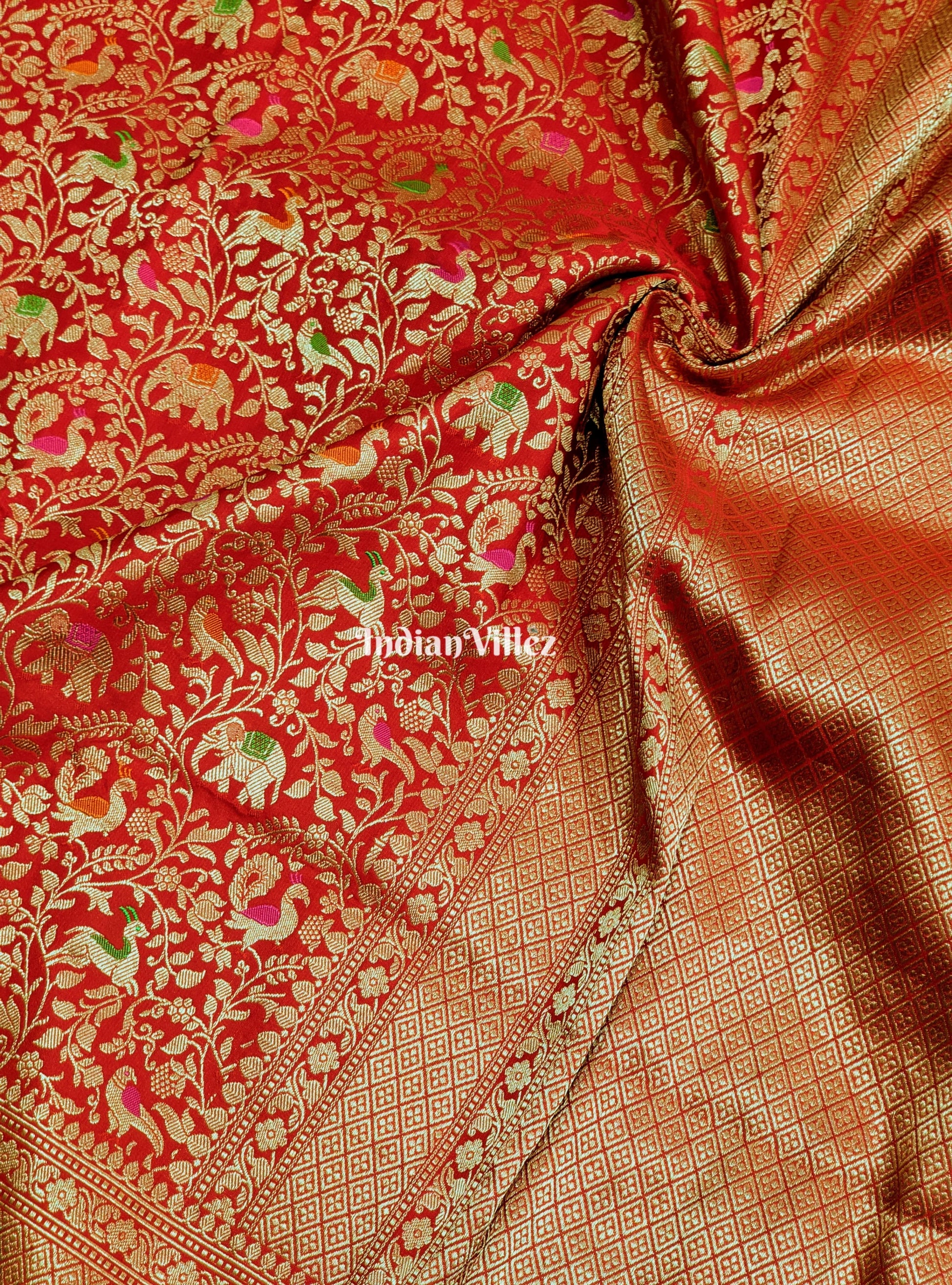 Red Banarasi Katan Saree with Golden Traditional Shikargah