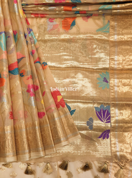 Multi Color Flower Golden Zari Woven  Banarasi Tissue Saree